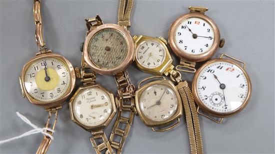 Seven assorted 9ct gold wristwatches, three with bracelets (a.f.)